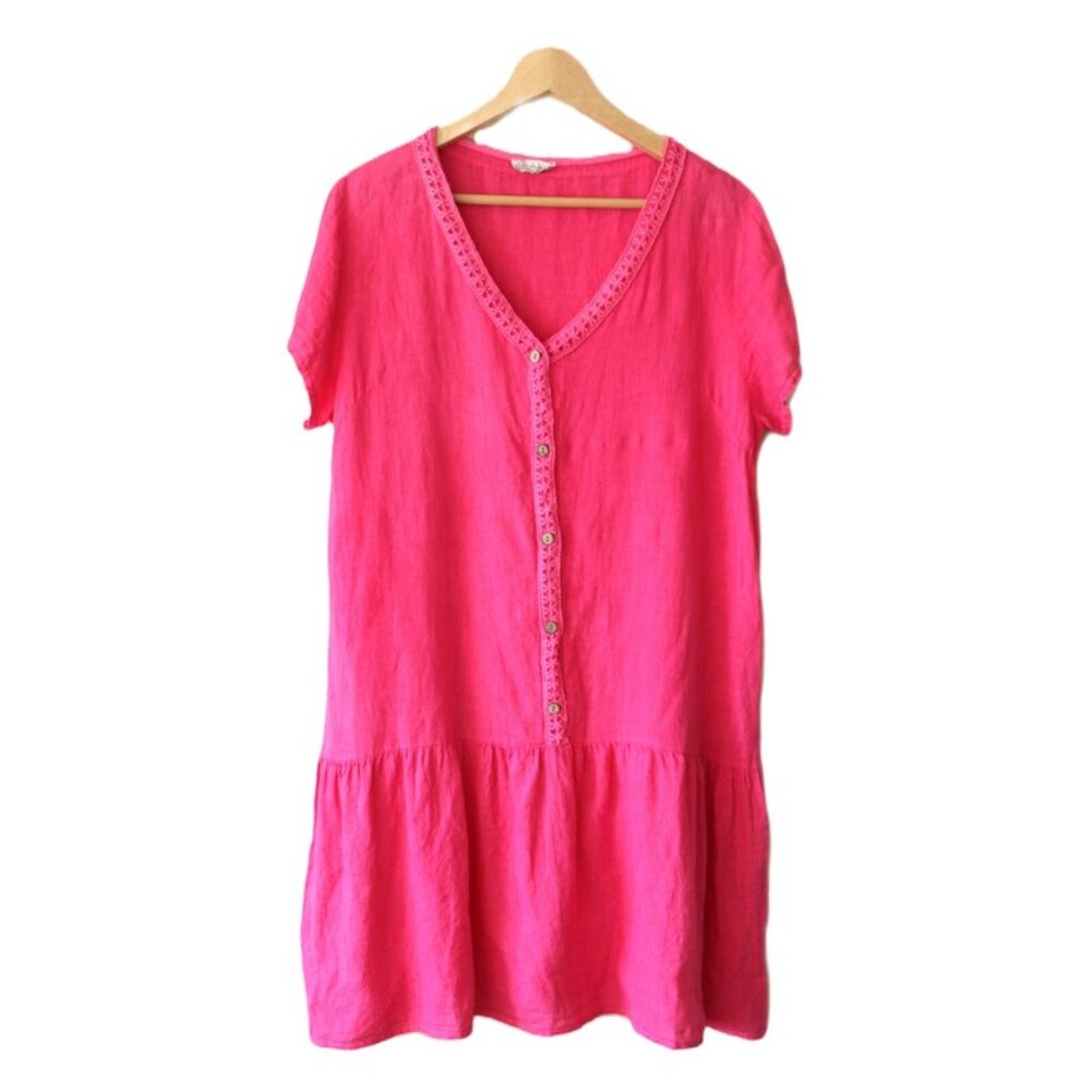 BELLAMBRA Made-in-Italy Pure Linen Midi Dress in Magenta Pink (M/L)